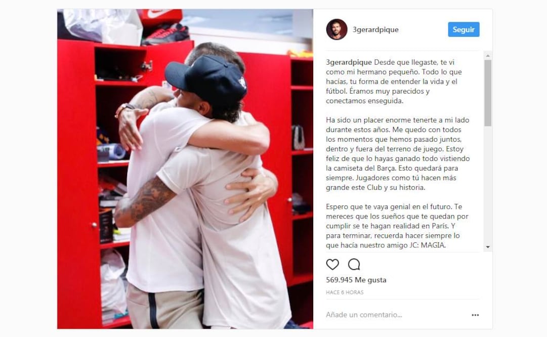 La emotiva carta de despedida de Piqué para Neymar. Foto: Instagram