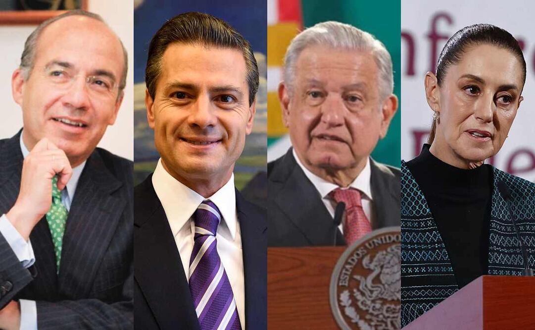 El expresidente Felipe Calderón, Enrique Peña Nieto, Andrés Manuel López Obrador y la presidenta Claudia Sheinbaum Pardo. Fotos:  Berenice Fregoso  y archivo EL UNIVERSAL