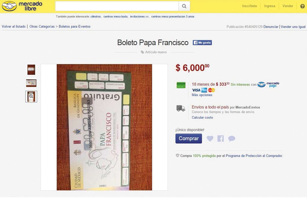 En el portal Me rcadoLibre fue publicado uno de los boletos para asistir a la misa en la Basílica; el vendedor acepta Ipads a cambio (Especial)