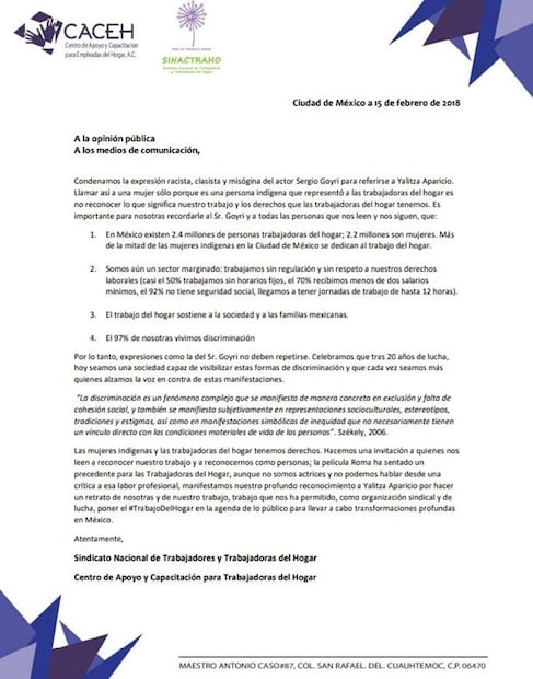 Condenamos expresiones racistas hacia Yalitza: Trabajadoras del hogar