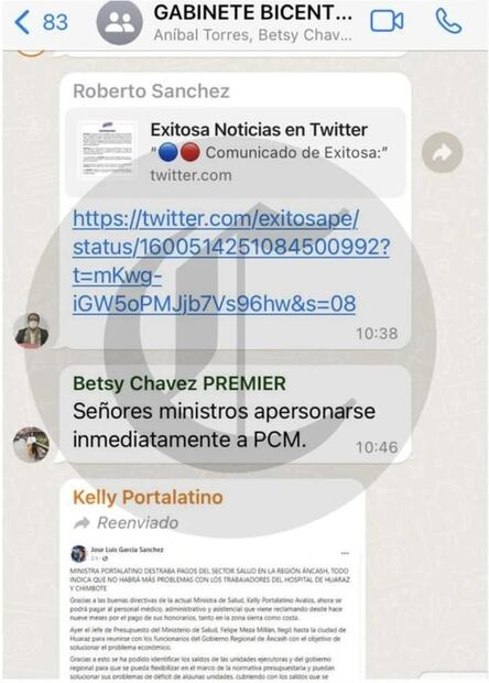Revelan chat entre los ministros de Pedro Castillo antes y después del golpe de Estado