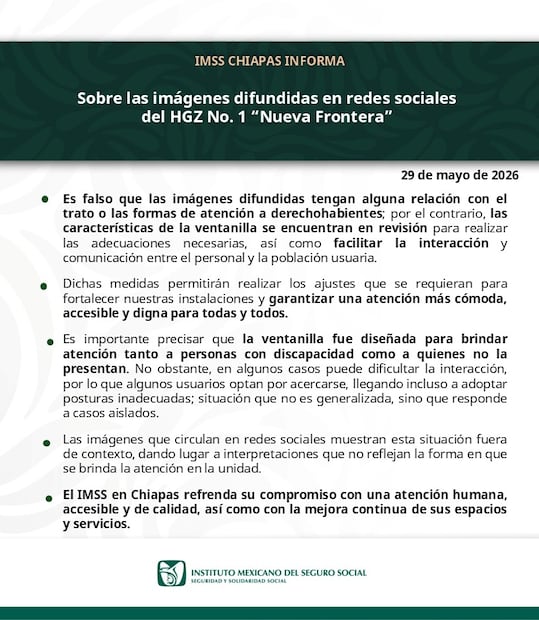 IMSS responde a video de pacientes arrodillados frente a una ventanilla para recibir informes. Foto: IMSS Chiapas