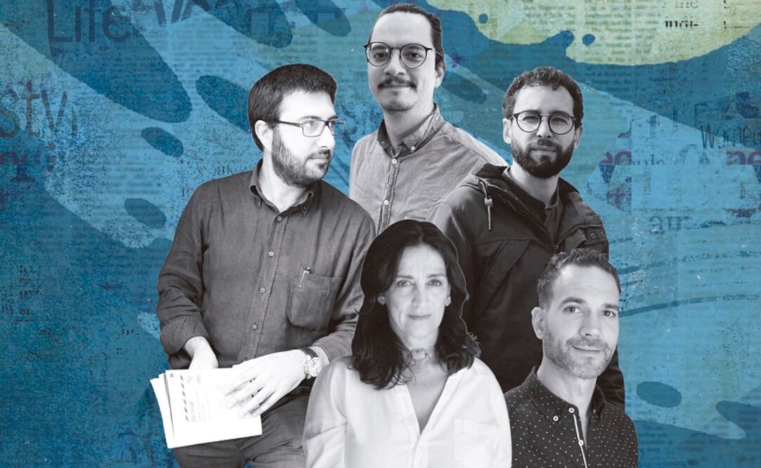 Diego Moreno, editor y fundador de Nórdica Libros; Silvia Bardelás, escritora y cofundadora de De Conatus; Federdico Vivanco, editor argentino independiente; Carlos Armenta, editor de Impronta Casa Editora; César Tejeda, escritor y editor de Ediciones Antílope. Crédito de imagen: Elaboración propia