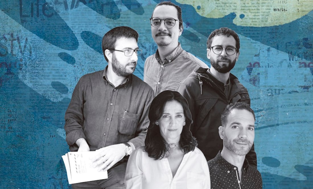Diego Moreno, editor y fundador de Nórdica Libros; Silvia Bardelás, escritora y cofundadora de De Conatus; Federdico Vivanco, editor argentino independiente; Carlos Armenta, editor de Impronta Casa Editora; César Tejeda, escritor y editor de Ediciones Antílope. Crédito de imagen: Elaboración propia