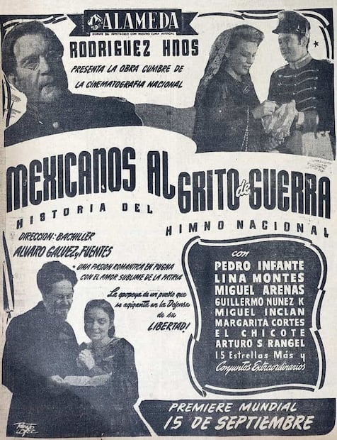 Anuncio del estreno mundial de Mexicanos al Grito de Guerra, Historia del Himno Nacional en el Cine Alameda el 15 de septiembre de 1943, como parte de los festejos patrios. Foto: Hemeroteca EL UNIVERSAL.