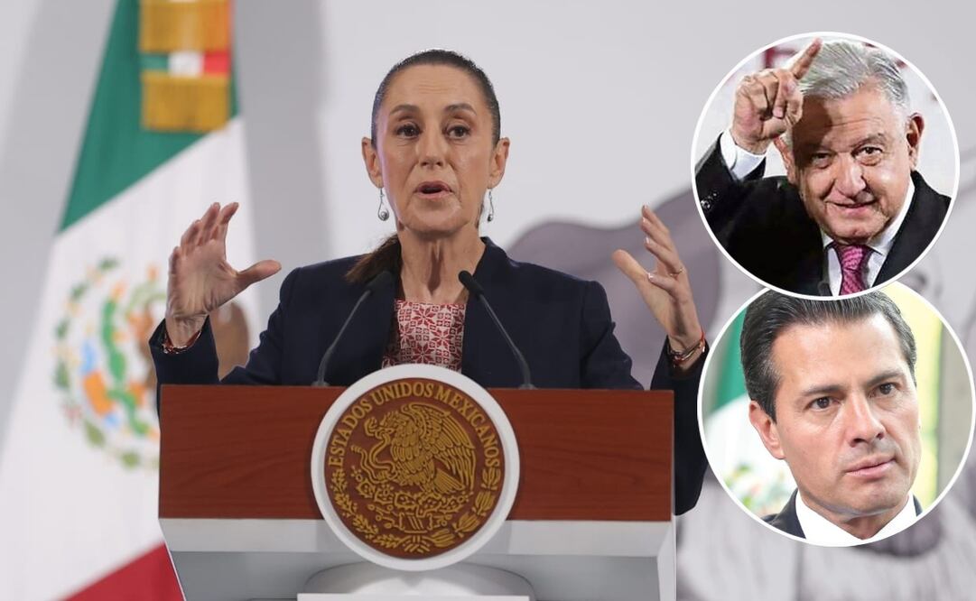 Conferencia mañanera de la presidenta Claudia Sheinbaum en el Palacio Nacional el 5 de agosto de 2025. El expresidente Andrés Manuel López Obrador y el expresidente Enrique Peña Nieto. Fotos: Gabriel Pano y Archivo / EL UNIVERSAL