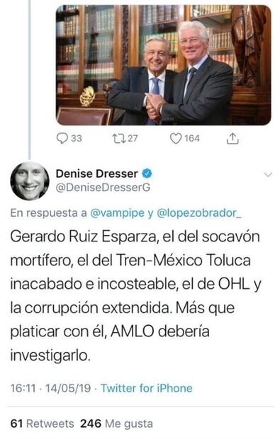Denise Dresser tunde a Richard Gere en Twitter; pensó que era Ruiz Esparza
