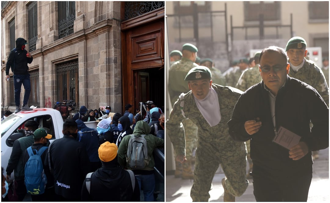 Con una camioneta de la CFE, normalistas derribaron la puerta de acceso al reciento de la calle Moneda / Trabajadores de Palacio corrían a resguardarse y policías militares arrojaban gas lacrimógeno. Fotos: Salvador Cisneros y Carlos Mejía / EL UNIVERSAL