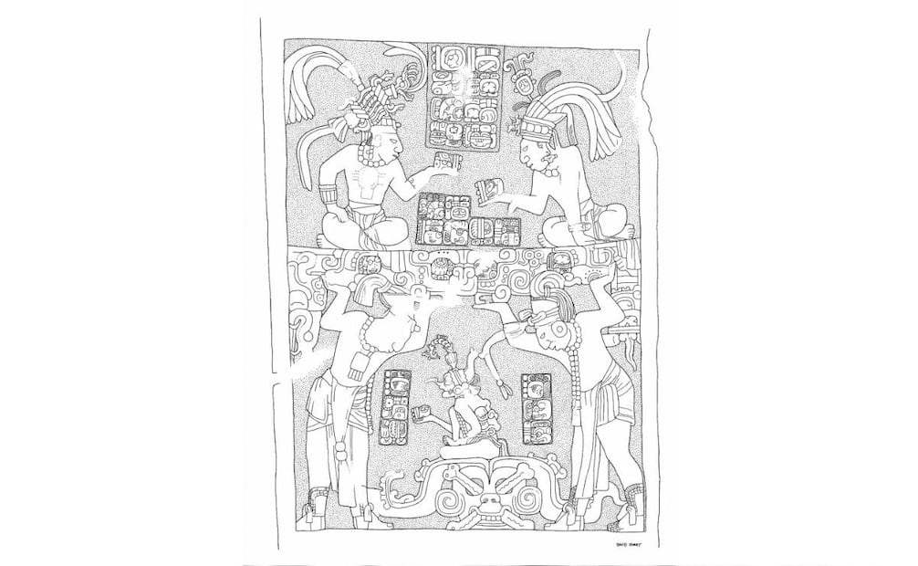 Dibujo del dintel maya, publicado en los trabajos de divulgación de Stephen Houston. Foto: Secretaría de Relaciones Exteriores