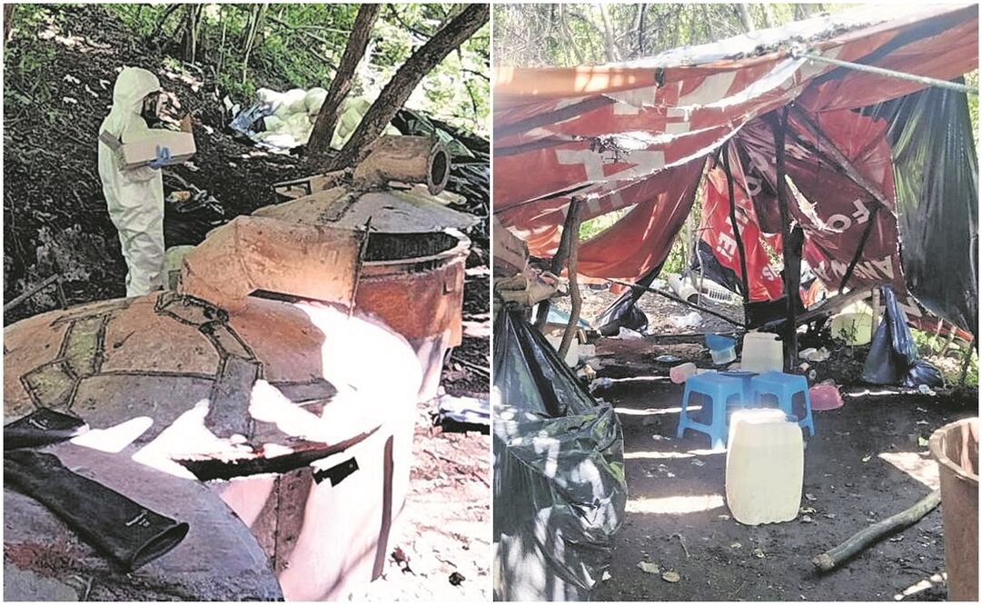 Marinos hallaron en Carricitos, Sinaloa, una cueva donde había material para manufac- turar cargas explosivas y un laboratorio de drogas sintéticas. Foto: Especial