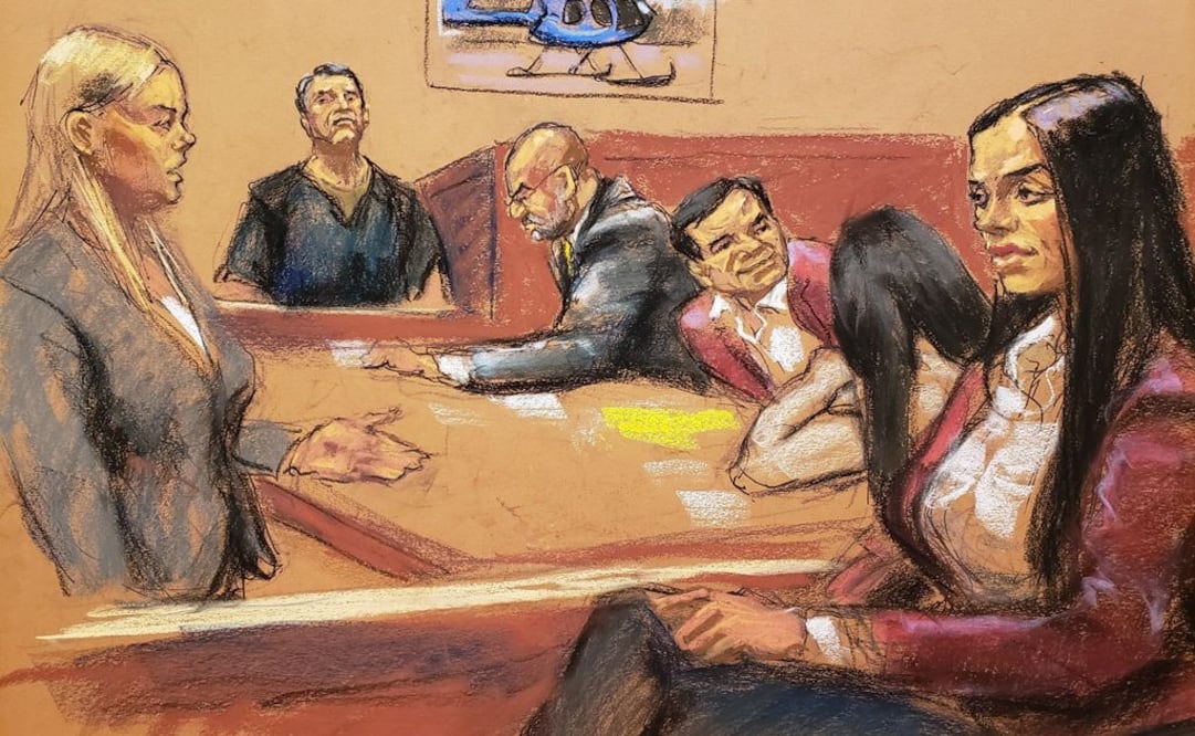 Reproducción fotográfica de la artista Jane Rosenberg donde aparece la asistente del Fiscal de Estados Unidos, Amanda Liskamm, mientras pregunta a Dámaso Alonso Núñez, frente al narcotraficante Joaquín "El Chapo"  (Foto: EFE)