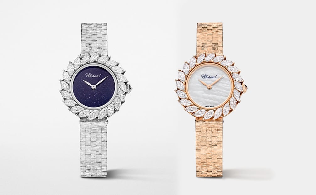 Chopard L’Heure du Diamant en oro rosa ético con carátula de nácar blanco perlado o en oro blanco ético con carátula de aventurina, ambos de 28 mm. Fotos: Cortesía