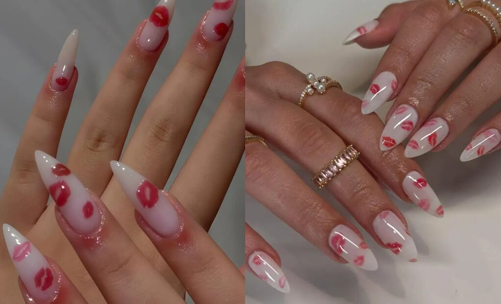 Los besos rojos sobre uñas nude son un diseño creativo para San Valentín. Foto: Etsy