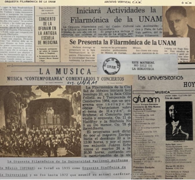 Archivo de la OFUNAM en la Facultad de Música de la UNAM. Fotografías y collage: Josue Chispan.