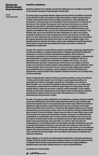 Aeroméxico exhorta a sus empleados a razonar su voto