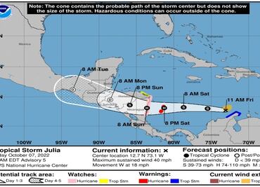 Julia avanza en mar Caribe; será huracán esta noche e impactará Nicaragua el domingo