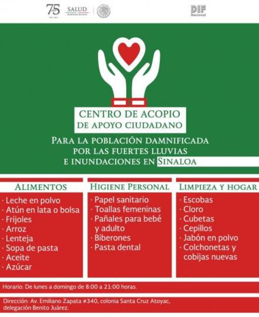 DIF abre centro de acopio para damnificados por lluvias en Sinaloa