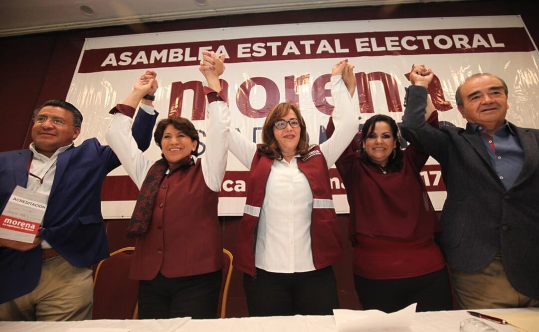 Delfina Gómez durante la Asamblea Estatal Electoral donde fue nombrada candidata única de Morena. (Jorge Alvarado. EL UNIVERSAL)