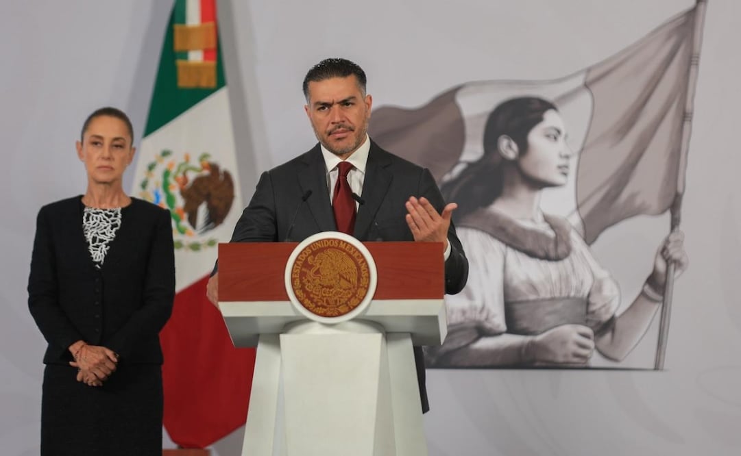 Omar García Harfuch, titular de la SSPC, durante la conferencia de prensa mañanera de la presidenta Claudia Sheinbaum Pardo, desde Palacio Nacional, este 10 de febrero. Foto: Osmar Alvarado / EL UNIVERSAL