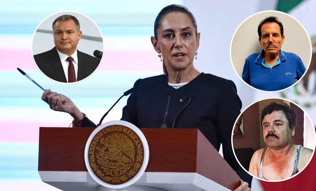 La presidenta Claudia Sheinbaum durante la mañanera de este 26 de agosto del 2025. El exsecretario SSP, Genaro García Luna, "El Mayo" Zambada y "El Chapo" Guzmán. Fotos: Berenice Fregoso, archivo EL UNIVERSAL, EFE y especial.