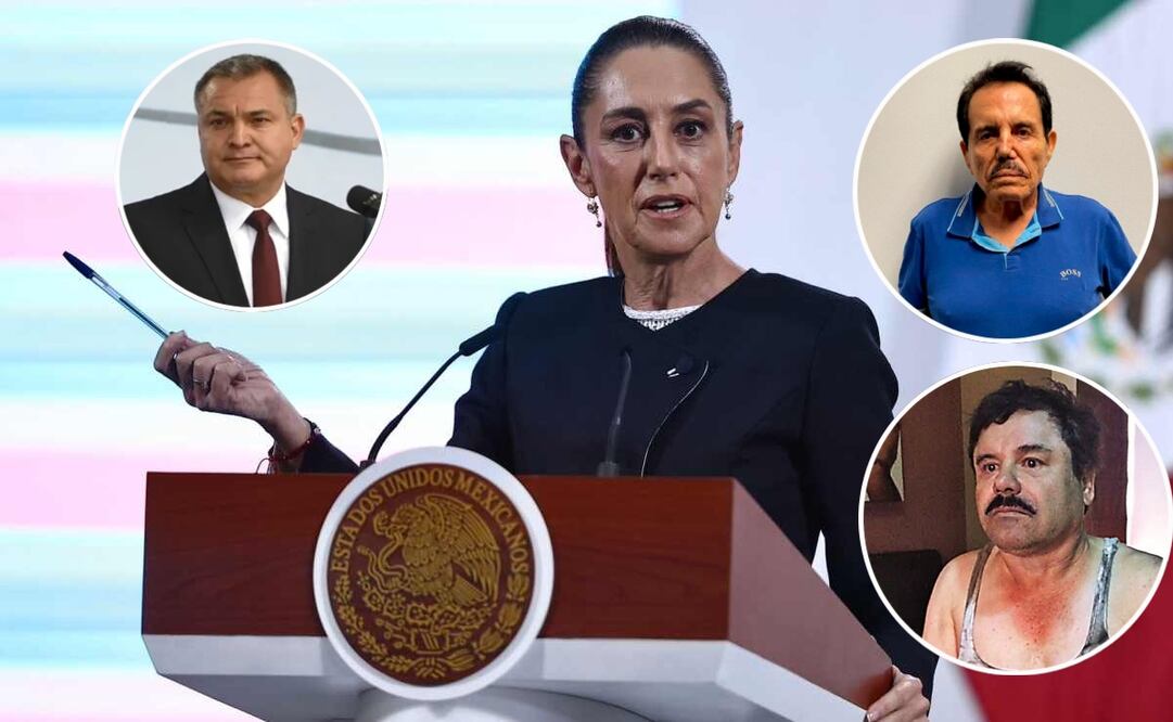 La presidenta Claudia Sheinbaum durante la mañanera de este 26 de agosto del 2025. El exsecretario SSP, Genaro García Luna, "El Mayo" Zambada y "El Chapo" Guzmán. Fotos: Berenice Fregoso, archivo EL UNIVERSAL, EFE y especial.