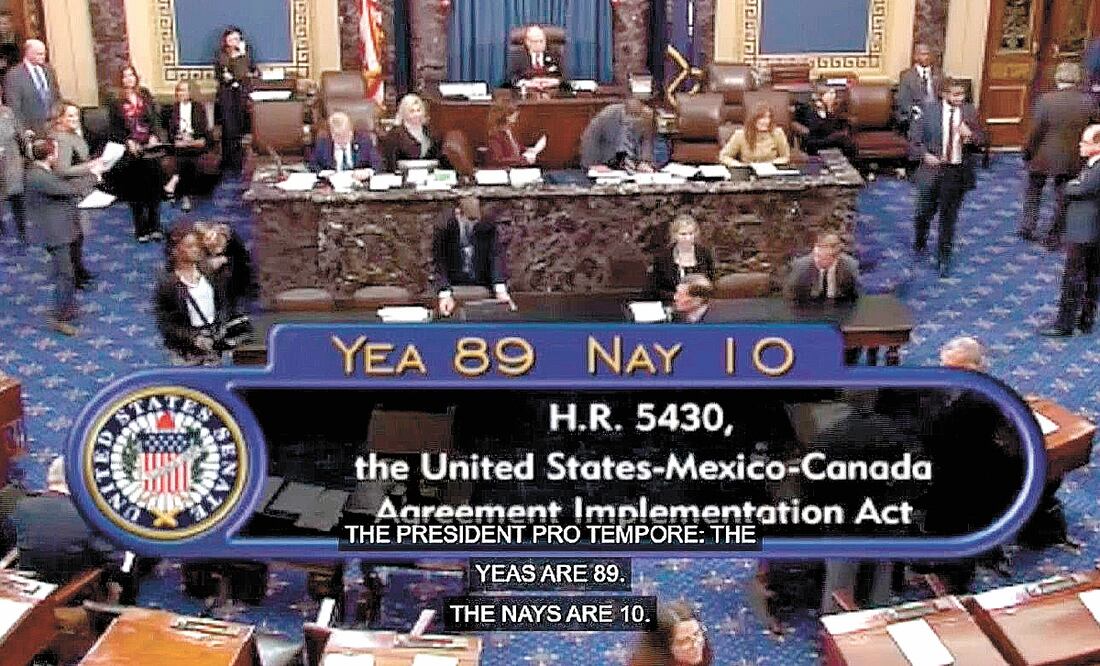 Captura de pantalla de un video cedido por el Senado estadounidense que muestra la votación y aprobación del nuevo tratado de libre comercio entre México, Estados Unidos y Canadá. Foto: EFE