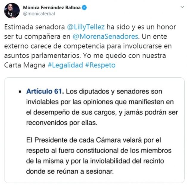 Defiende presidenta de la Mesa Directiva del Senado a Lilly Téllez