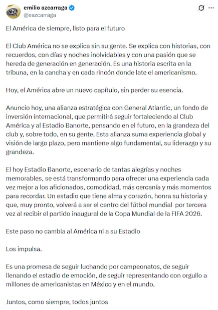 Mensaje de Emilio Azcárraga Jean tras la alianza del América. FOTO: Especial