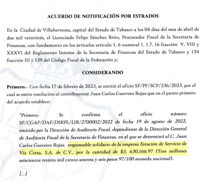 La resolución de la Secretaría de Finanzas respecto al empresario. Imagen: Captura de pantalla.
