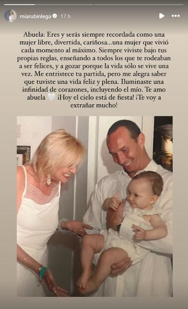 Mía Rubín despide a su abuela con emotiva foto familiar.
