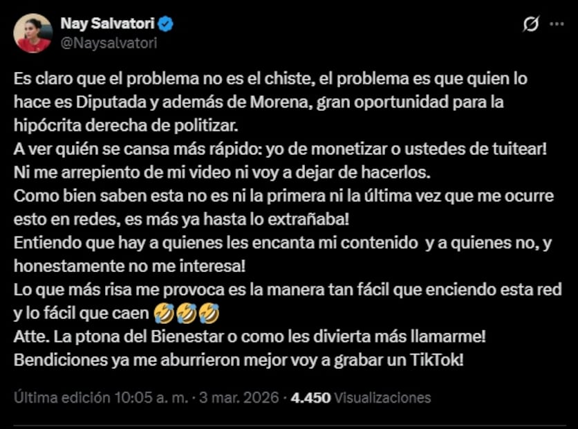 Nay Salvatori responde a criticas tras parodiar accidente en la Ibero. Foto: Captura de pantalla