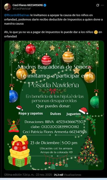 Posada navideña organizada por Ceci Flores en apoyo a los niños de padres desaparecidos. Foto: captura de pantalla