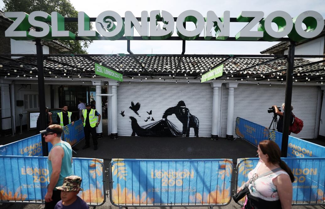 Banksy perpetua su obra en las instalaciones del Zoológico de Londres.
Foto: EFE / Andy Rain