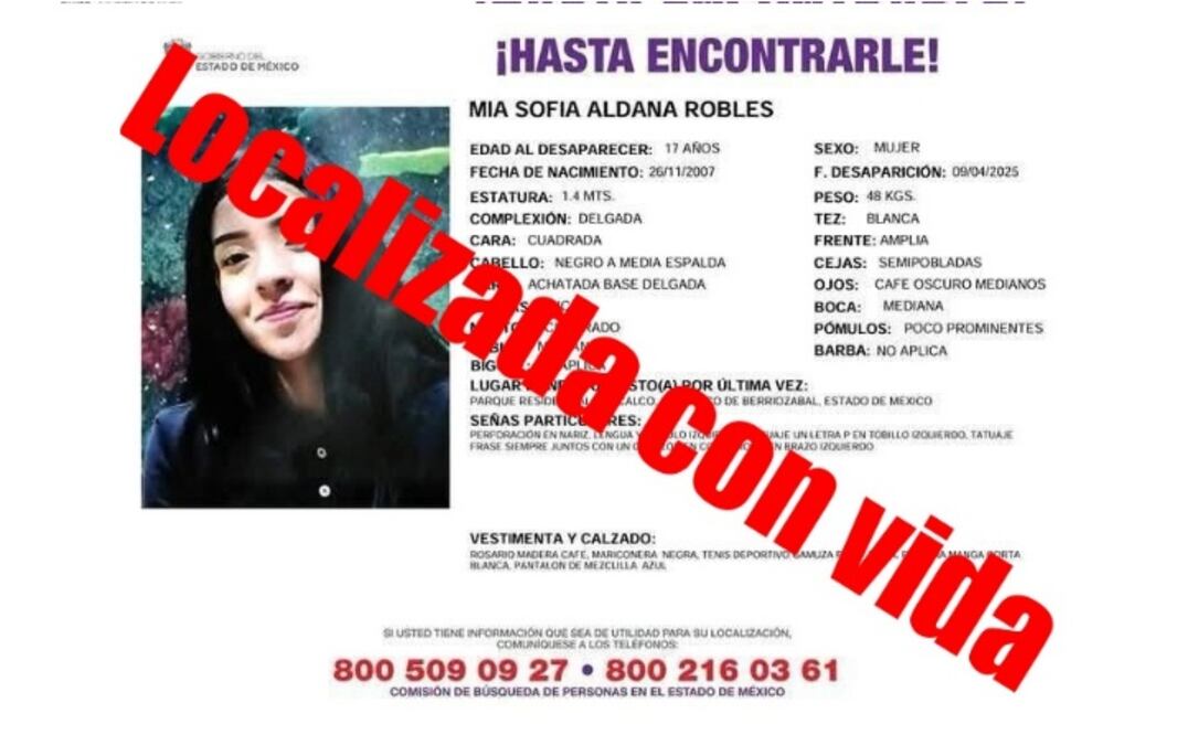 Mía Sofía fue reportada como desaparecida en Coacalco y a sus familias. Foto Especial