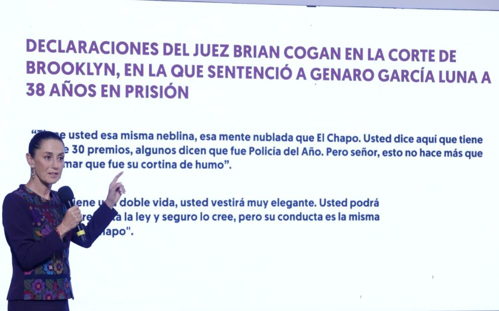 Cómo es posible que Felipe Calderón haya declarado una guerra contra el narcotráfico y puso al frente de esa guerra a alguien que ahora resulta que durante seis años no se dio cuenta quién era, declaró Sheinbaum Pardo tras leer la sentencia del juez Brian Cogan. Foto: Fernanda Rojas/EL UNIVERSAL