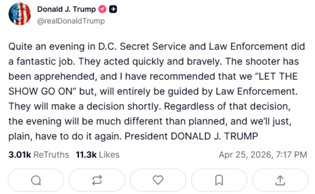 Mensaje de Donald Trump vía Truth Social tras sucesos en la Cena de Corresponsales. Foto: Captura de pantalla.