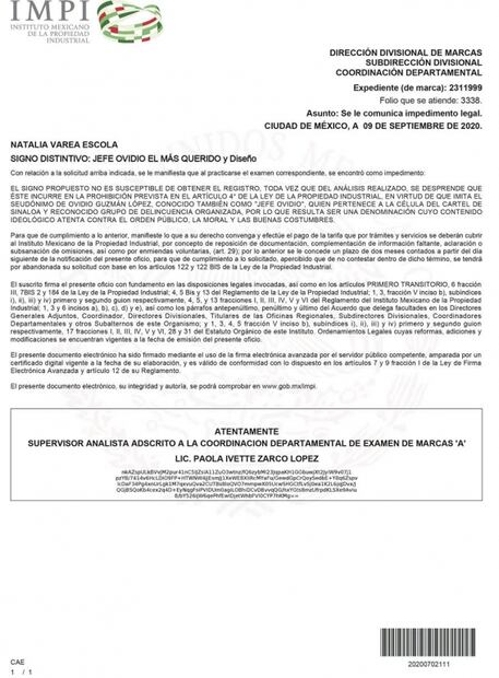 Rechazan registrar marca que alude a Ovidio, hijo de "El Chapo"