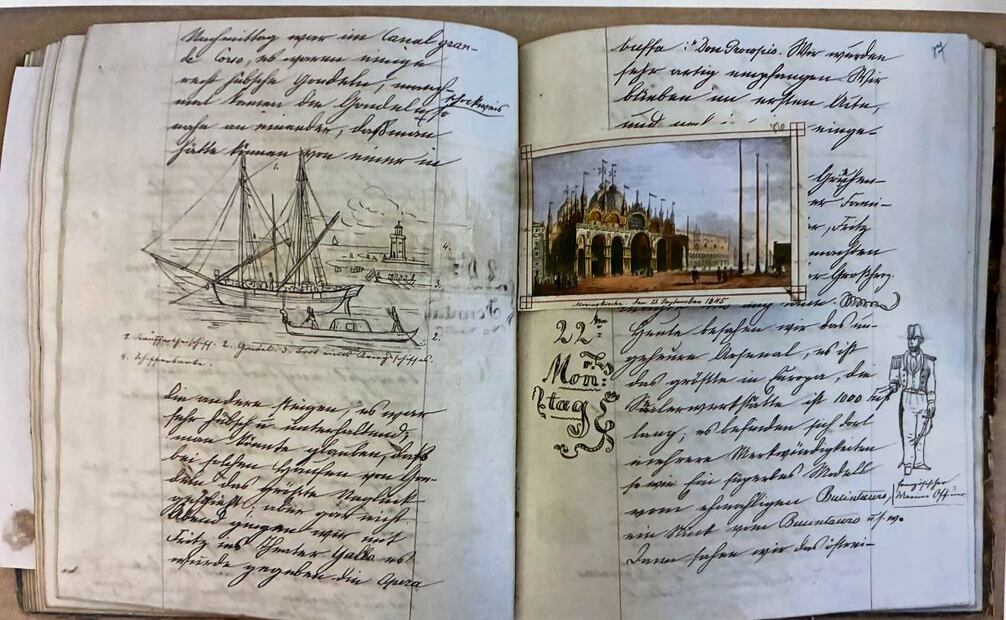 Dibujos y escritos de los diarios que hizo Maximiliano en su juventud, entre 1844 y 1850. En muchos plasmó escenas de la vida diaria y de sus gustos personales, como los barcos. Imágenes del libro Maximiliano y su diario de 1863. (La construcción de un emperador vista por un mexicano)