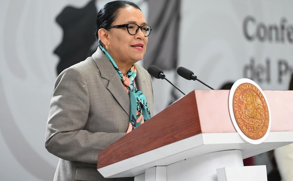 La secretaria de Gobernación, Rosa Icela Rodríguez durante la conferencia de la presidenta Claudia Sheinbaum en Guanajuato (20/02/2026). Foto: Presidencia