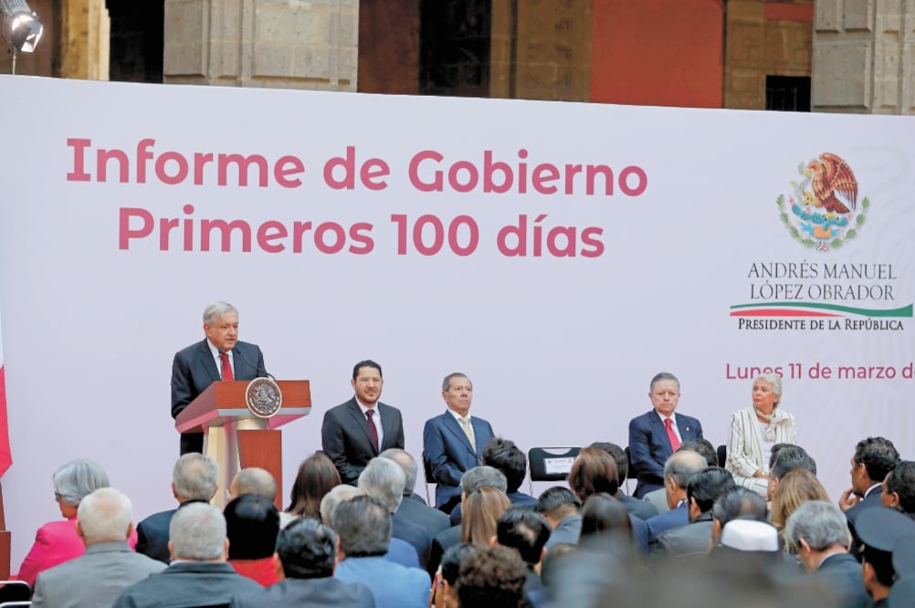 El presidente Andrés Manuel López Obrador ofreció en Palacio Nacional un balance por sus primeros 100 días de gobierno ante invitados especiales. (LUIS CORTÉS. EL UNIVERSAL)