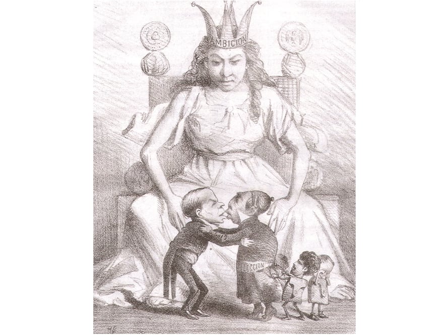 El caricaturista Santiago Hernández dibujó a Lerdo de Tejada y a Juárez besándose en la boca frente a la ambición y a sus “hijitos”, los otros ministros (representados por una cartera). (FOTOS: CORTESÍA COLECCIÓN PRIVADA)