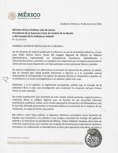 Lee la carta completa que envío AMLO a la SCJN para investigar a juez que frenó su ley eléctrica