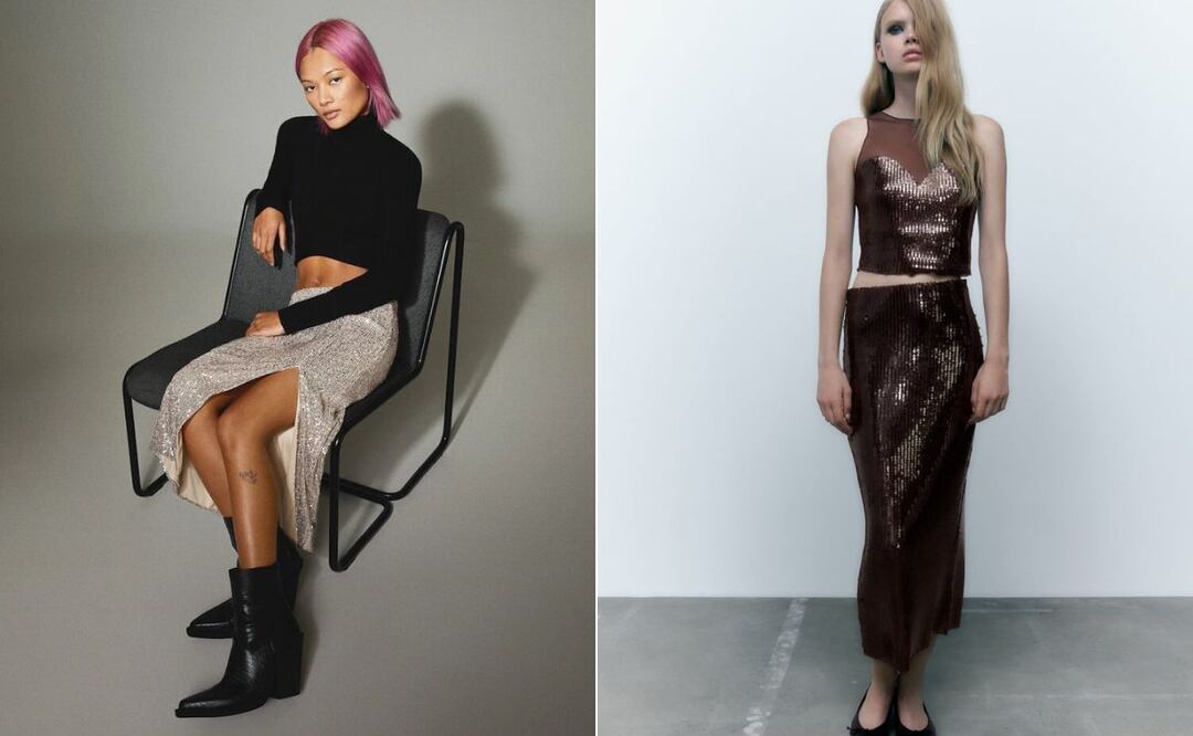 Las faldas midi con brillos pueden elevar tu look en las fiestas / Foto: Bershka / Zara