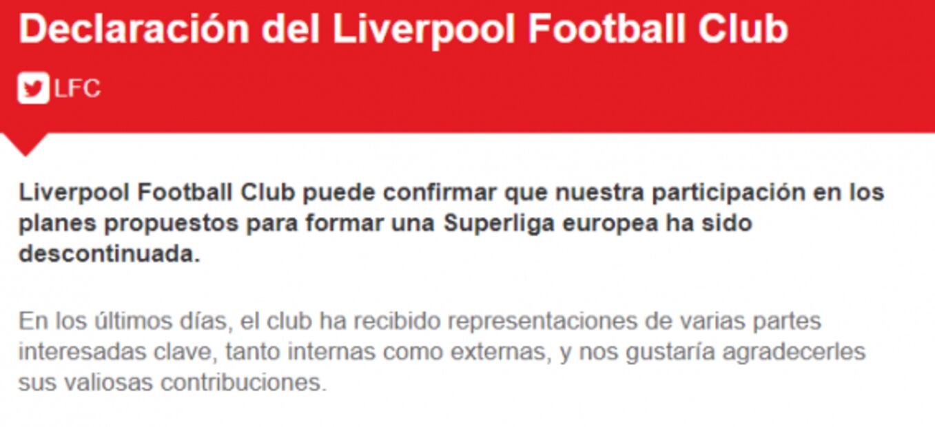 "Big Six" de Inglaterra hace oficial su salida de la Superliga Europea