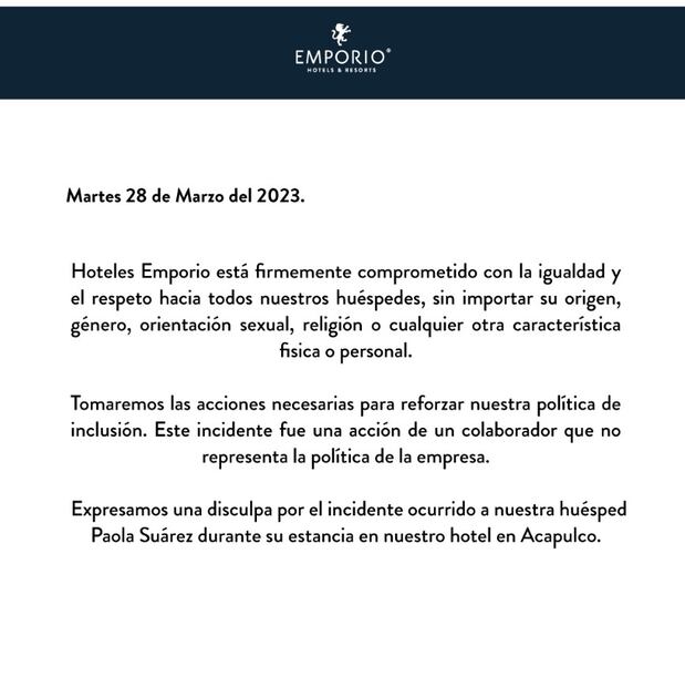 El hotel Emporio emitió un comunicado sobre el caso de Paola Suárez a través de sus redes sociales.