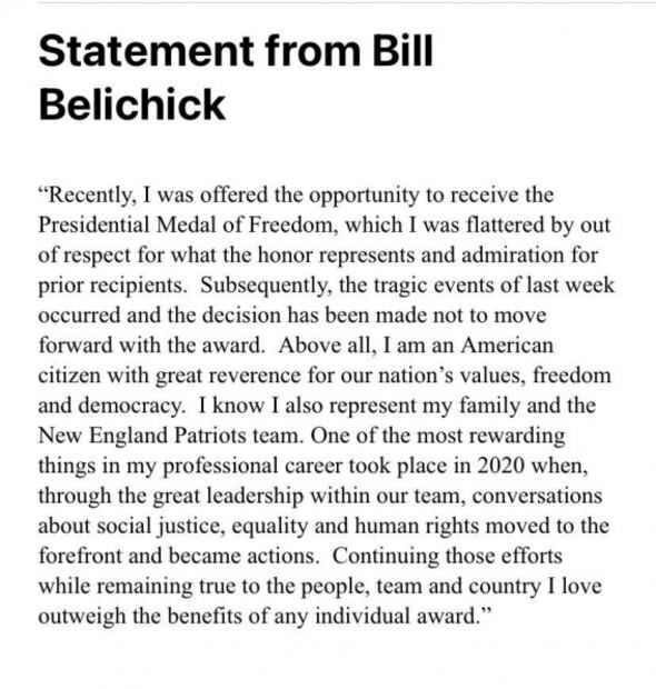 Bill Belichick rechaza homenaje planeado por Donald Trump