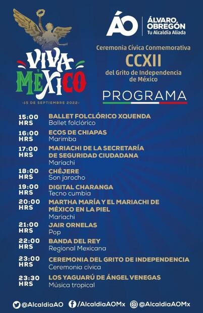 Alistan conciertos y medidas de seguridad para el Grito de Independencia en Álvaro Obregón