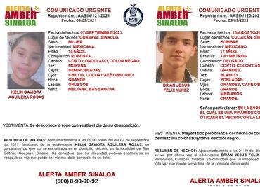 Emiten Alerta Amber en Sinaloa para localizar a dos menores de 17 y 14 años de edad