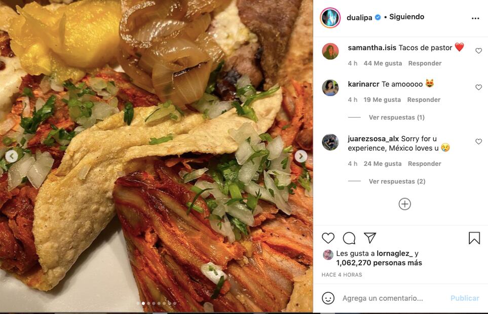 Dua Lipa comiendo tacos en CDMX. Foto: Instagram