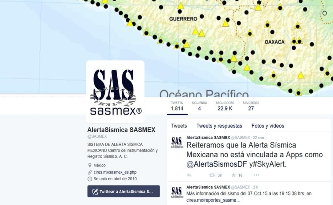 Captura de pantalla del Twitter del Sasmex